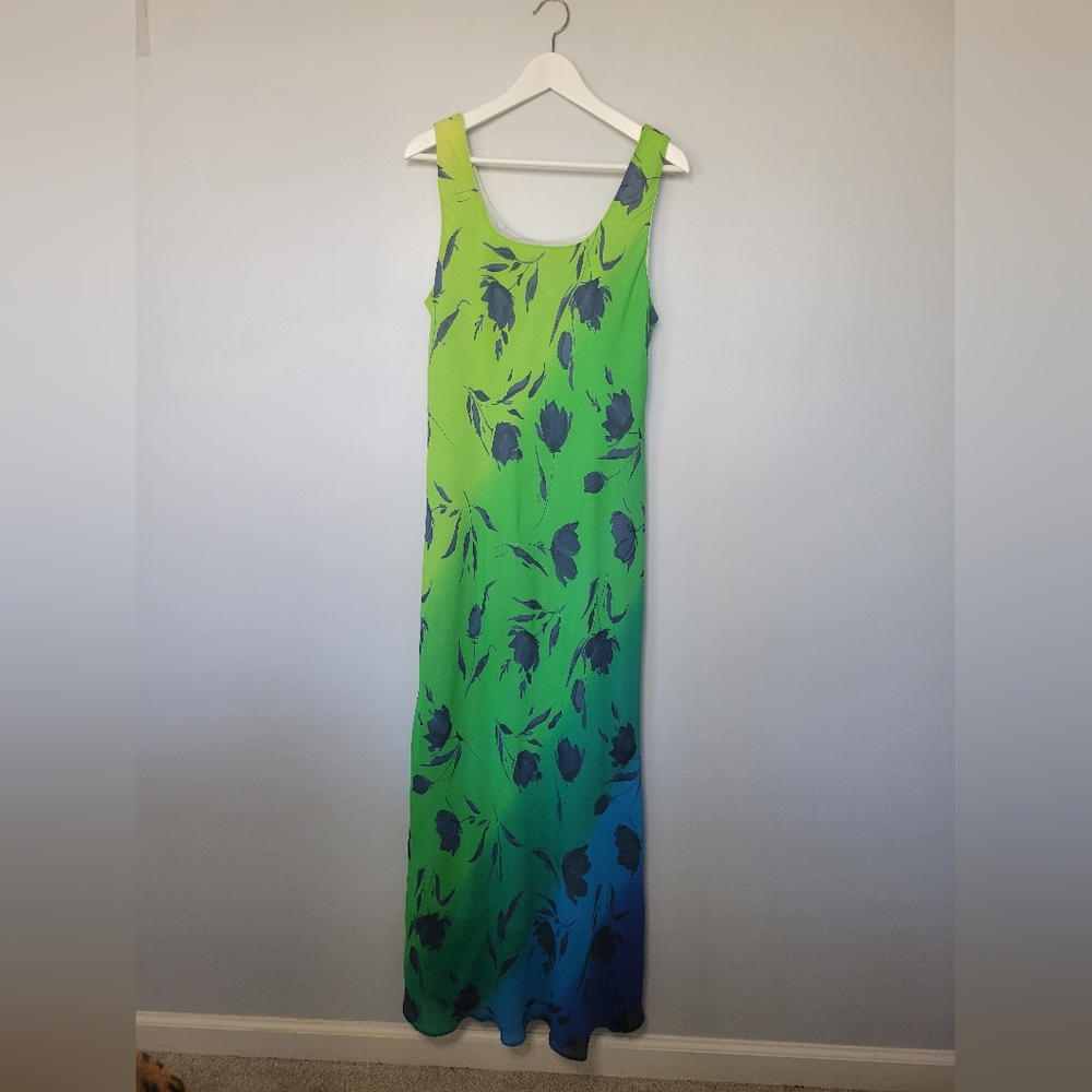 VTG! Y2K Ombre Tropical Floral Blue & Green Jessica Howard Maxi Dress SZ L
